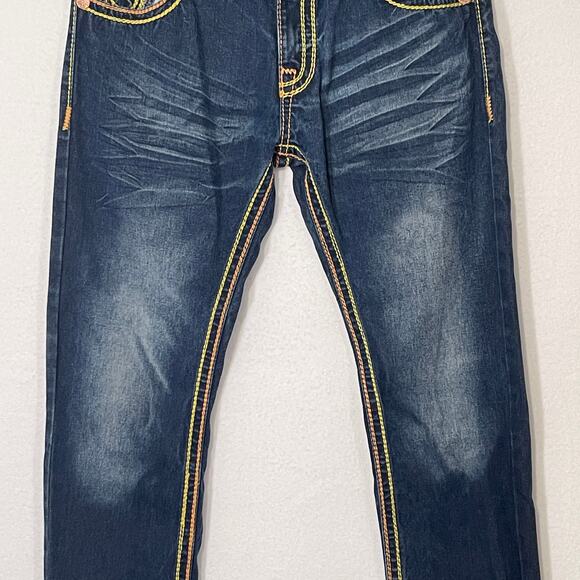 True Religion Vintage Y2K Mens Jeans 34x34 Yellow/Orange Stitching Flap Pocket - Picture 12 of 16